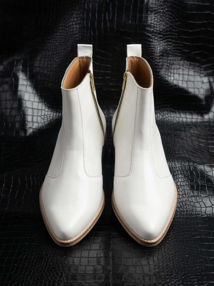 Cream Leather Pointed Toe Ankle Boot
