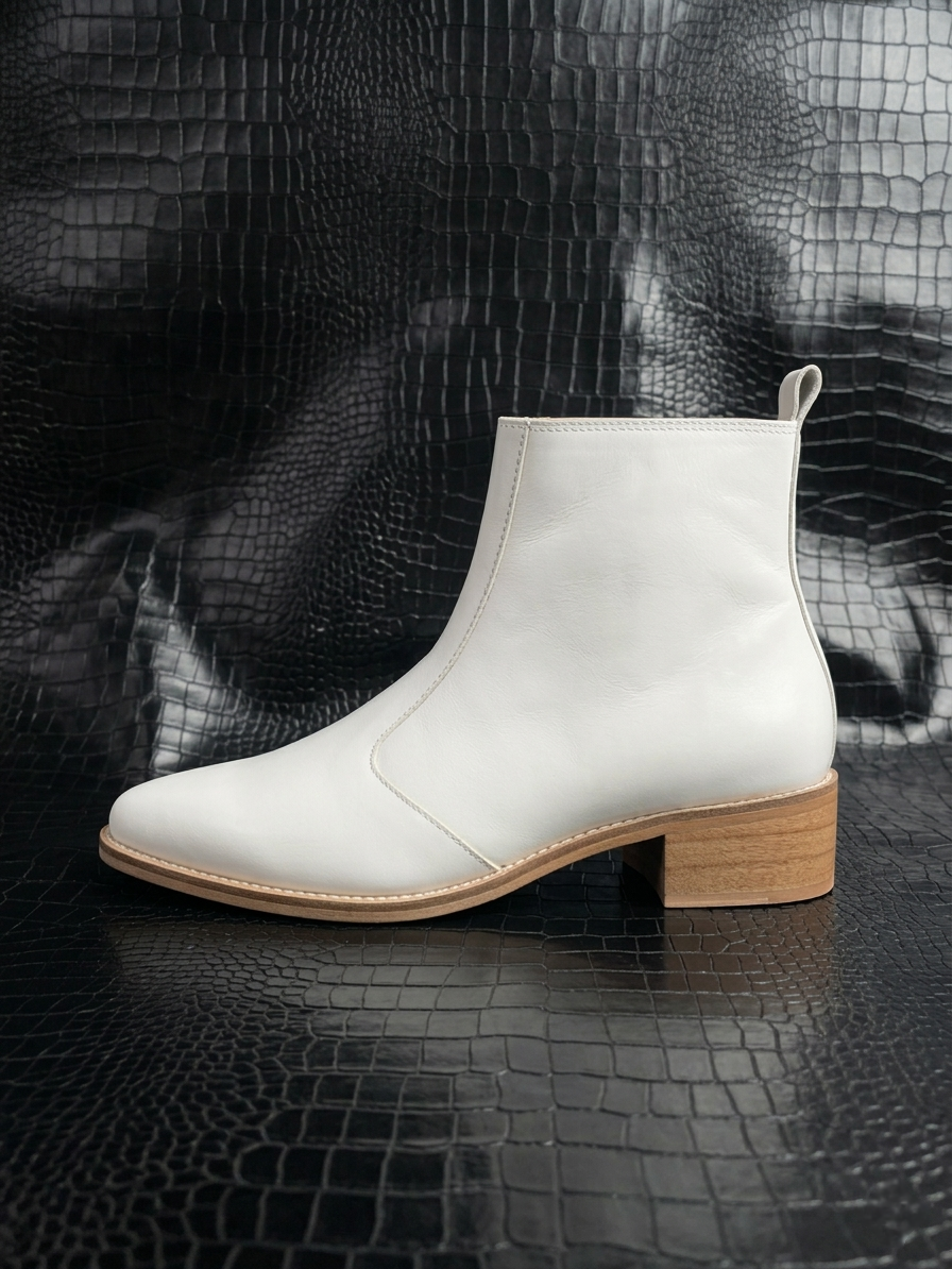 Cream Leather Pointed Toe Ankle Boot