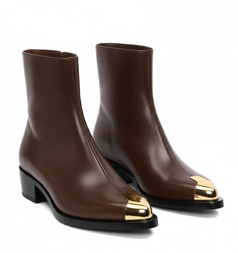 Brown Leather Gold Toe Accent Ankle Boot