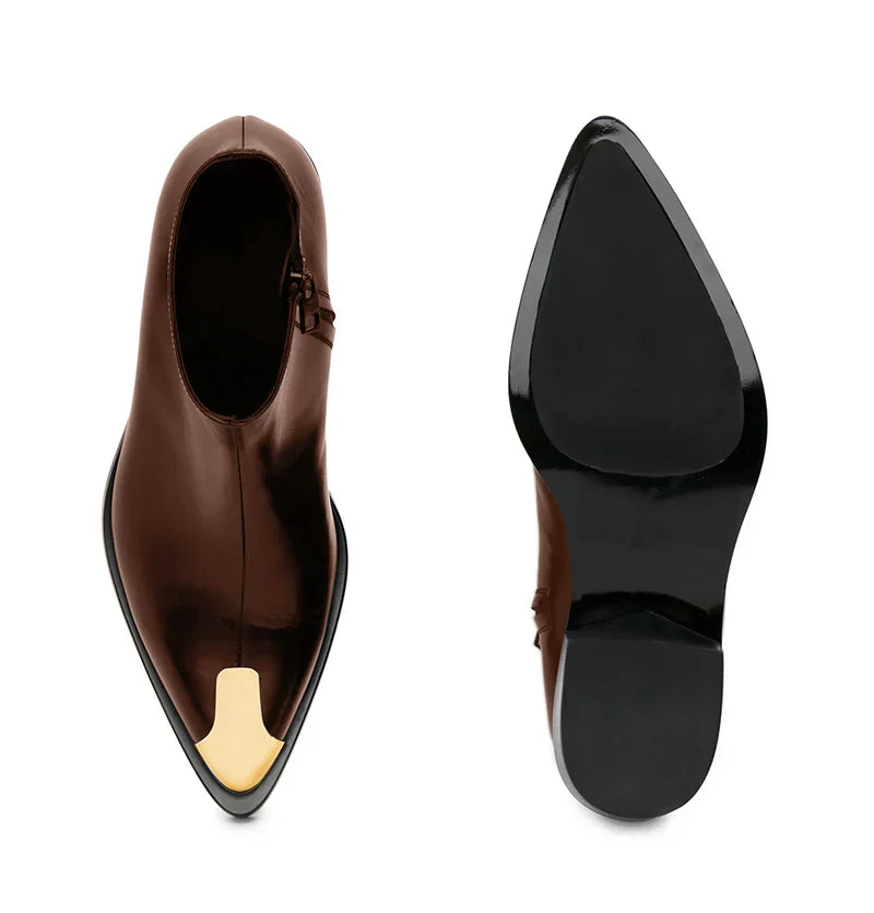 Brown Leather Gold Toe Accent Ankle Boot