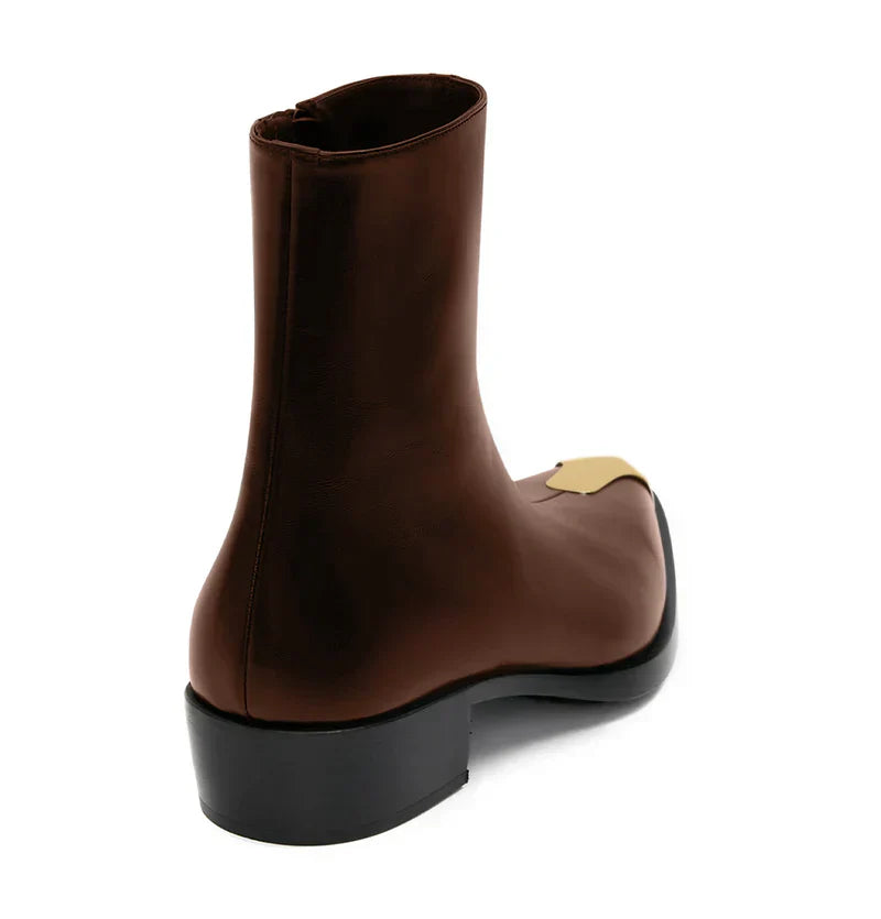 Brown Leather Gold Toe Accent Ankle Boot