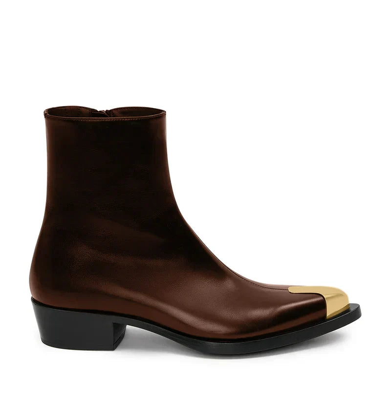 Brown Leather Gold Toe Accent Ankle Boot